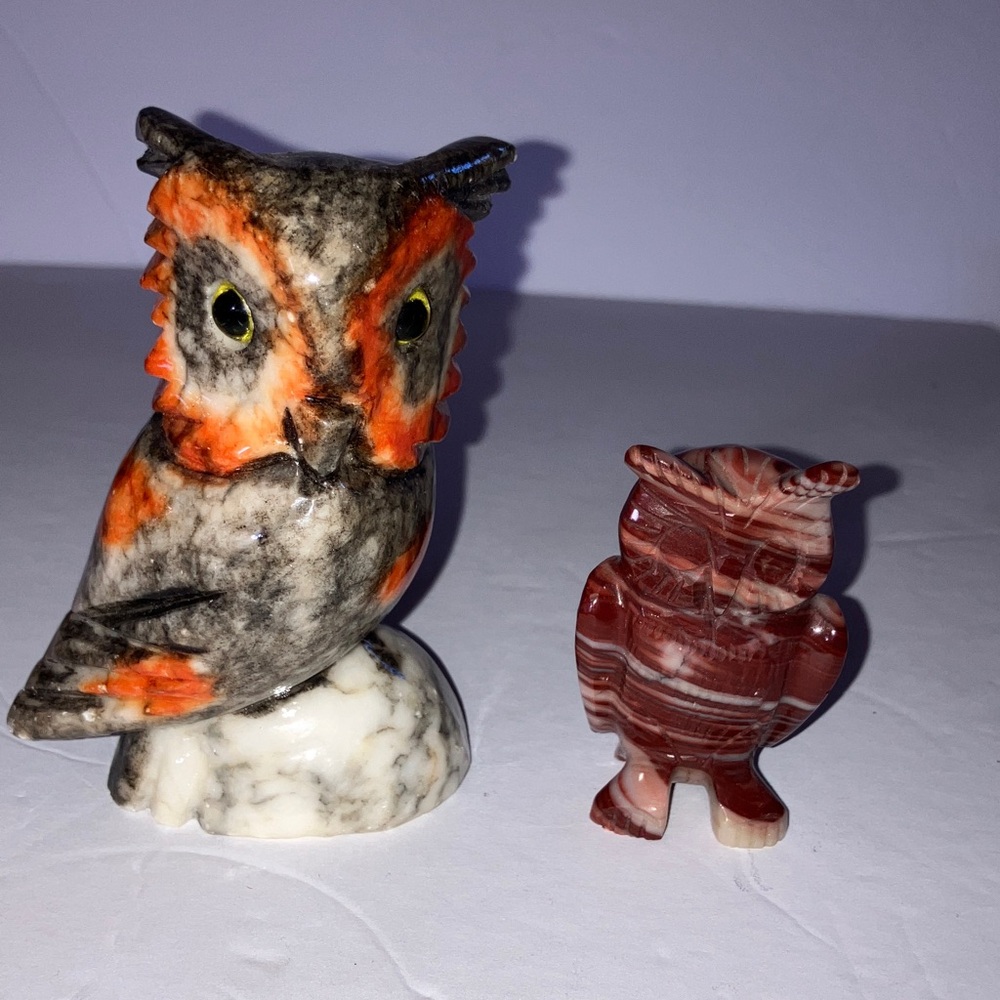 Handcarved Stone Owl Figurines Set: Alabaster‎ 4” and Striped 2”
